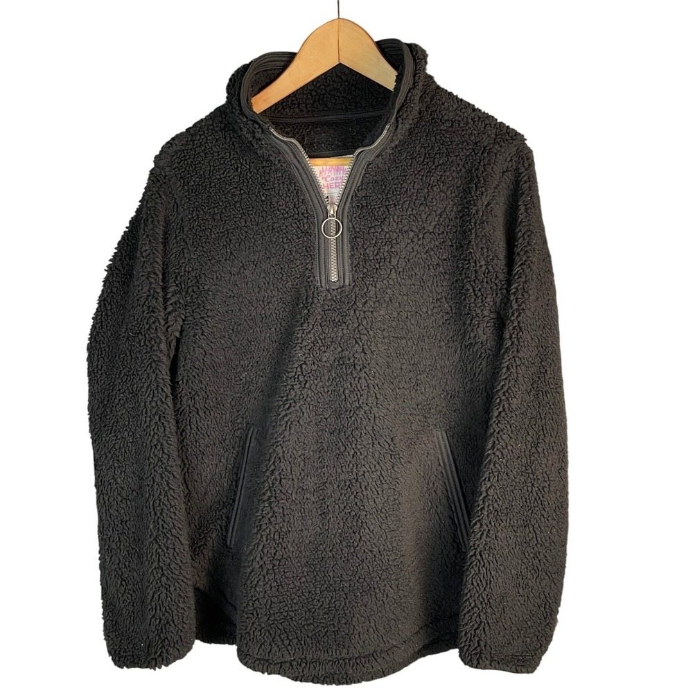 Cozy Sherpa Black Faux Fur Quarter Zip Pullover Sweatshirt Women's Small‎
